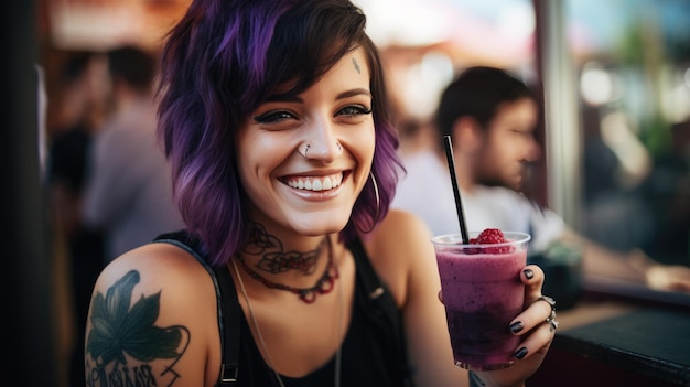 Photo smiling woman with tattoos holding a smoothie