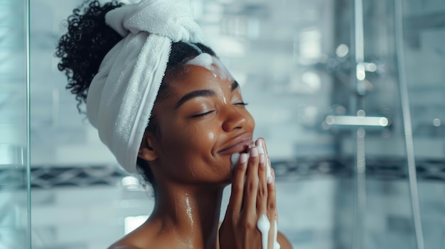 Smiling woman with towel on head applying facial cleanser