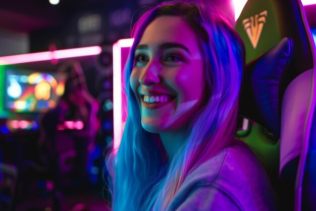 Photo a smiling woman with vibrant colorful hair illuminated by neon lights enjoys her time in a dynamic highenergy gaming environment