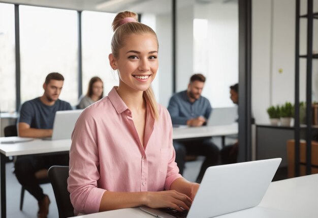 Smiling woman working on a laptop in a bright office space her pink shirt adds a touch of warmth to