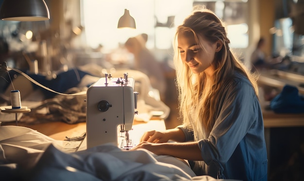 Photo smiling woman working on sewing machine in factory