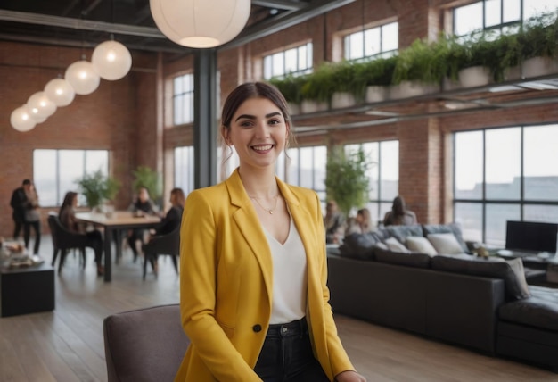 Smiling woman in yellow blazer standing in a modern office