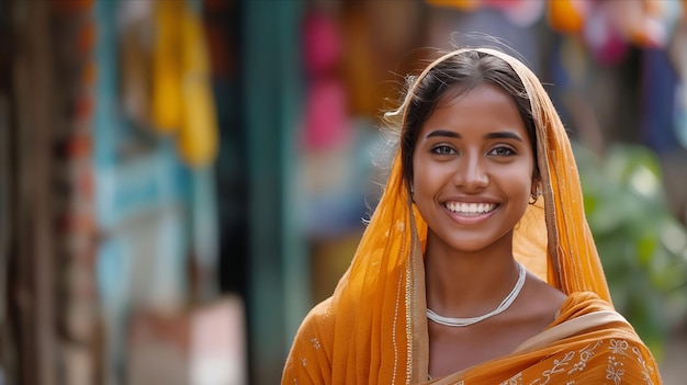 A smiling woman in a yellow sari