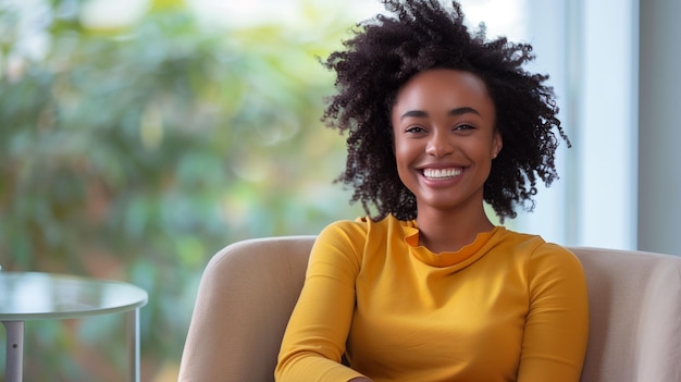 Smiling Woman in a Yellow Shirt Sitting on a Couch