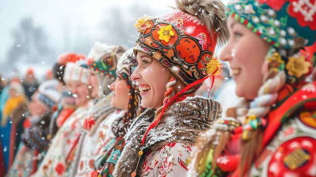 Smiling women in colorful traditional winter clothing stand in snowy weather