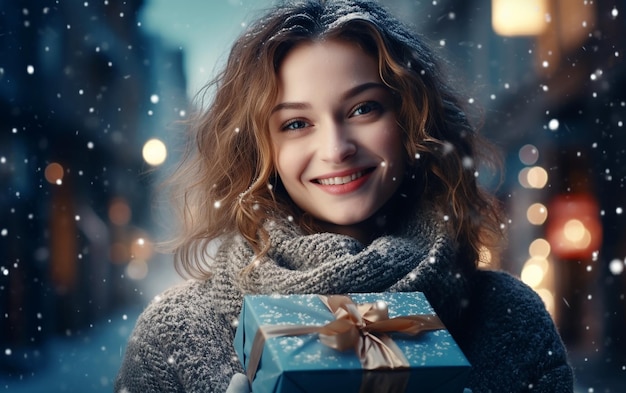 Smiling Women Holding Gift Box Celebrating with Joy