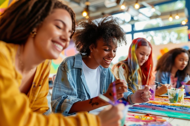 Smiling women painting in a workshop during a master class