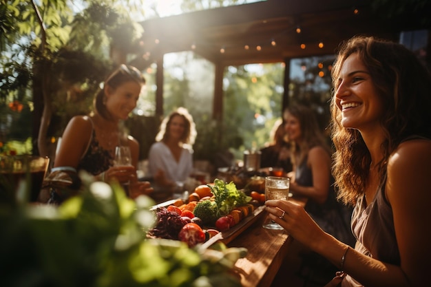 Smiling women sitting at the table with fresh food and looking on the barbecue