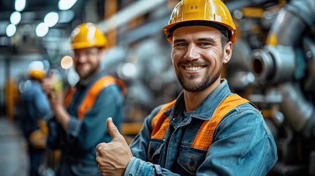 smiling worker worker with yellow helmet repairs and installs some solar panels Thumb up