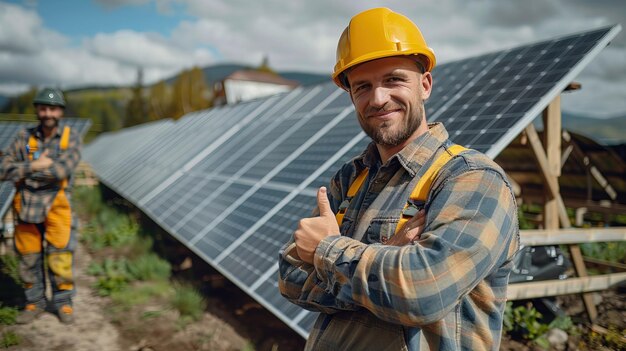 smiling worker worker with yellow helmet repairs and installs some solar panels Thumb up