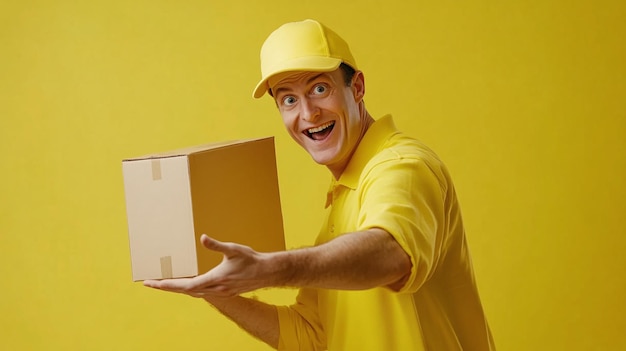 Photo smiling workers in logistics and shipping industry holding boxes