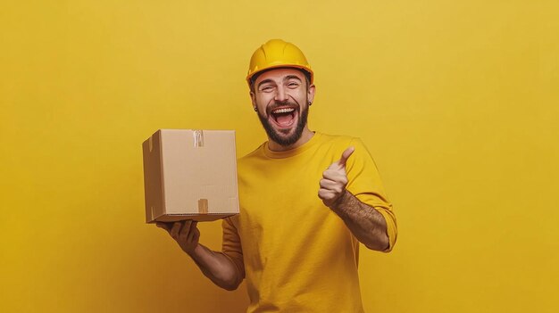 Photo smiling workers in logistics and shipping industry holding boxes