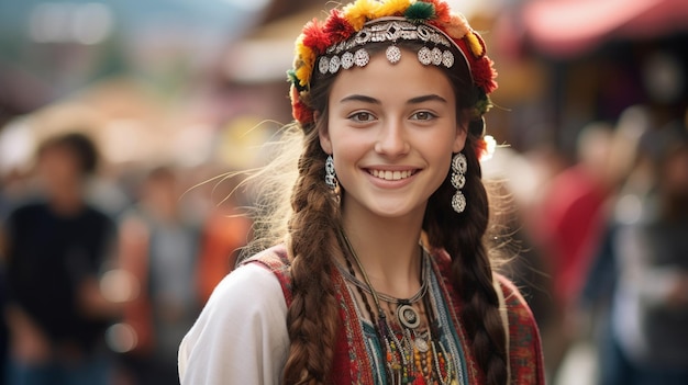 Smiling young adult girl in traditional clothing at a traditional festival