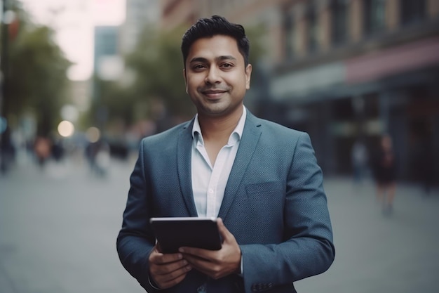 Smiling young adult indian business man professional executive holding digital tablet online fintech outside happy eastern businessman ceo using pad standing outdoors in big urban city street