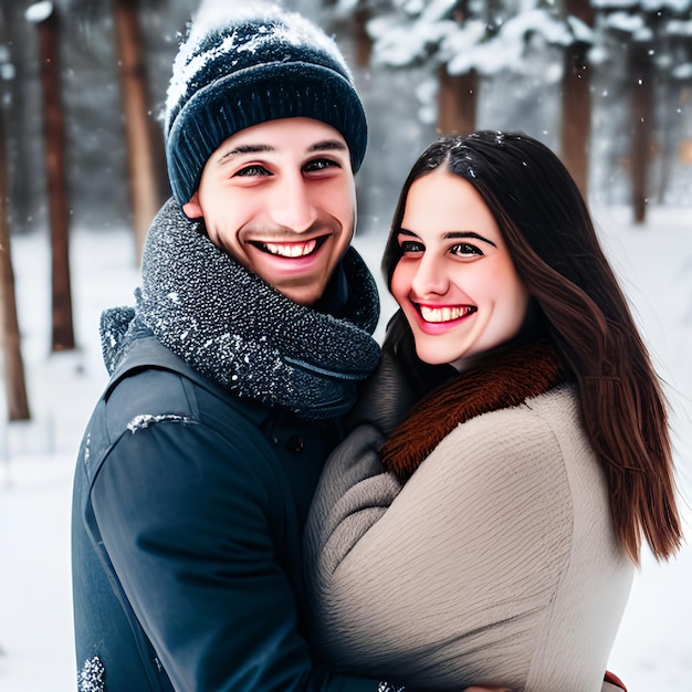 Smiling young adults embrace in winter wonderland