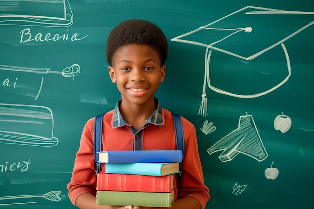 Smiling Young african american Boy holding Books in Front of Chalkboard Back to school Concept