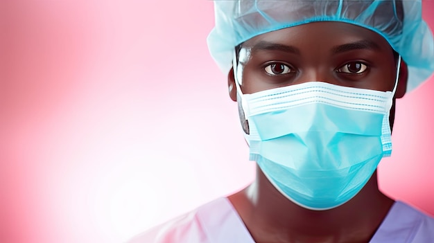 Smiling young African male surgeon wearing a mask looking at camera pink background copy space banner