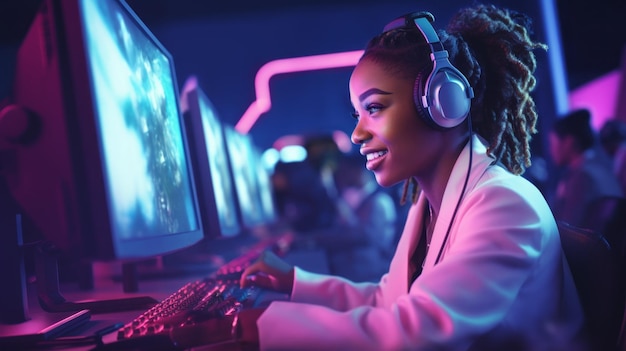 A smiling Young AfricanAmerican girl a gamer streamer with headphones playing online fights Racing in a room with neon lighting Cyber Sports Team Games Esports Hobby concepts