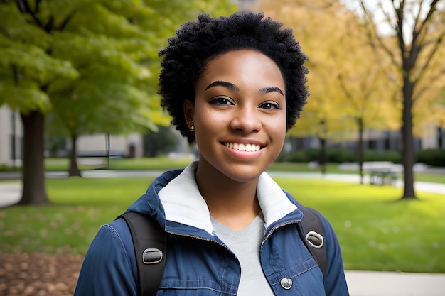 Smiling young american african woman student outdoor College female student Afro girl AI generati