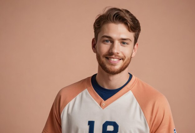 A smiling young athlete in a sports jersey stands casually conveying a relaxed and happy demeanor