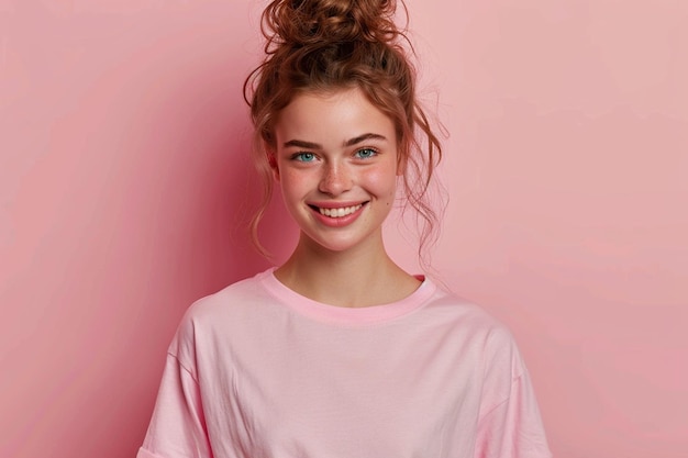 Photo smiling young beautiful girl wearing pink t