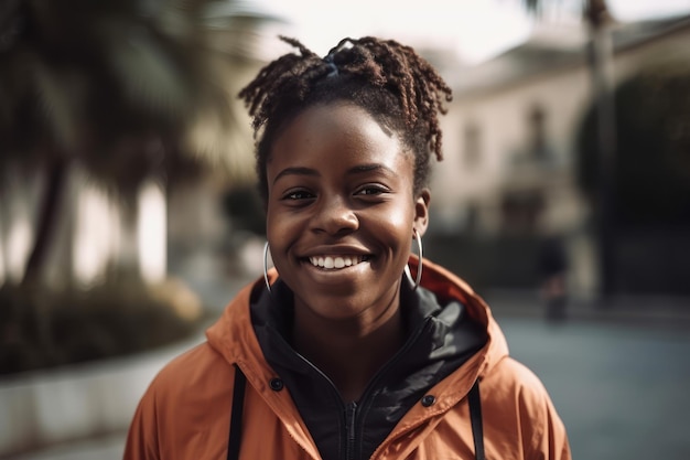 Smiling young black african sporty woman portrait outdoors in a sunny day