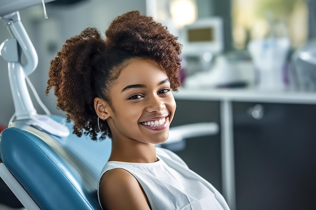 A smiling young black girl in a dental chair Examination by a dentist