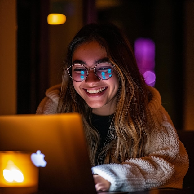 Smiling young black woman in wireless headphones sitting at desk table working on laptop and writing letter in paper notebook taking notes watching weninar holding pen in hand free copy space