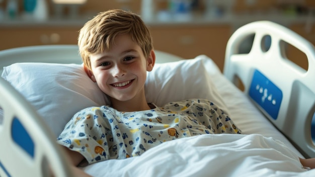 Photo smiling young boy recovering in hospital bed after medical therapy