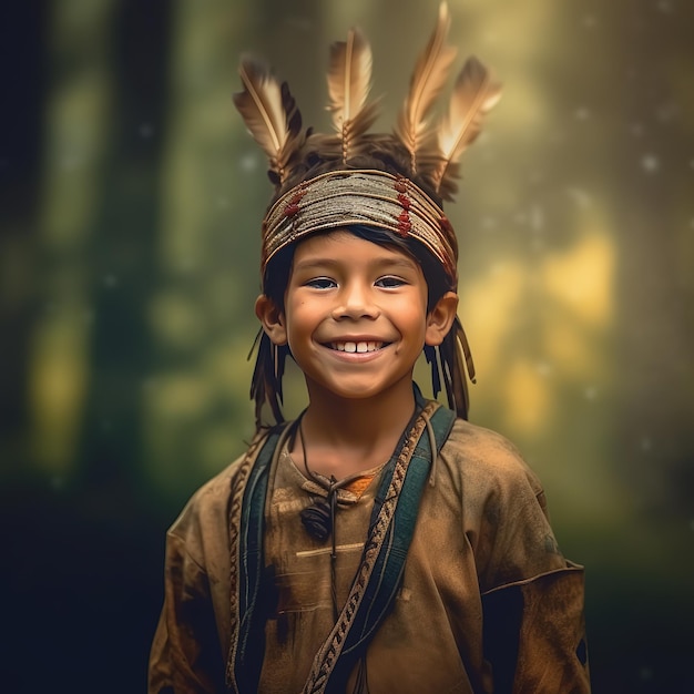 smiling young boy wearing American native warbonnet over blurred dark forest background