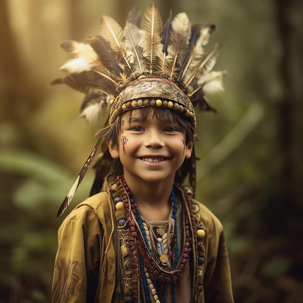 smiling young boy wearing American native warbonnet over blurred dark forest background