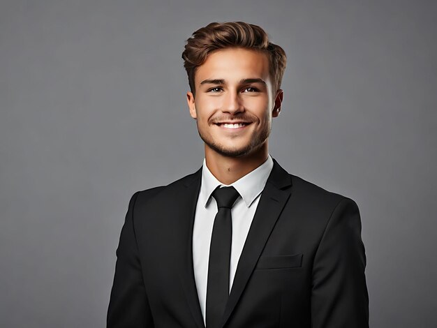 Smiling young business man in classic black suit shirttt