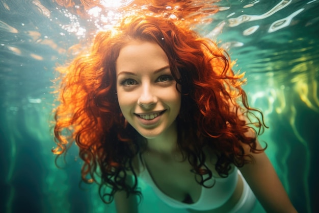 smiling young business woman swimming underwater