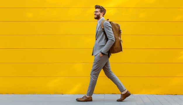 Photo smiling young businessman in costume with backpack walking outside near yellow wall copy space