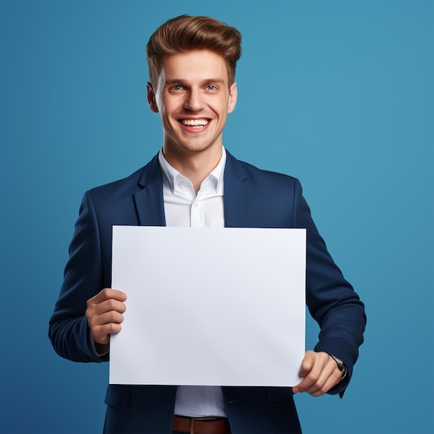 Photo smiling young businessman holding blank sheet of paper over blue background