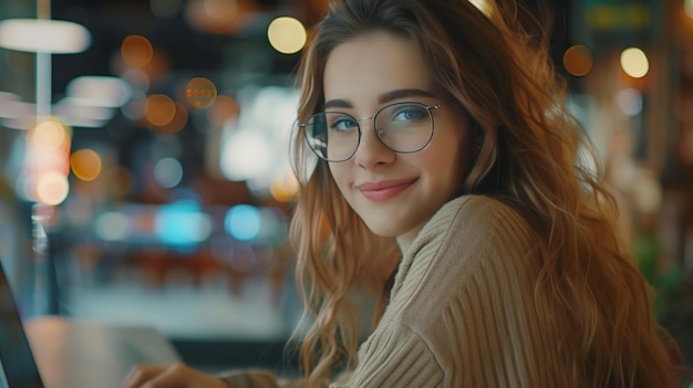 Smiling young businesswoman wearing glasses working on laptop at office