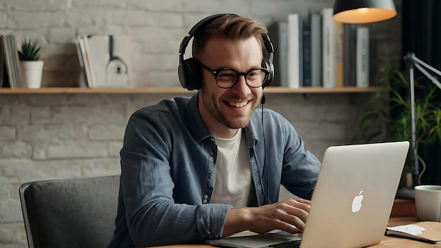 Photo smiling young caucasian man working on a laptop at a desk with wearing headphones and glasses