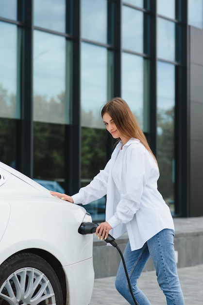 Smiling young caucasian woman plugging electricity cable in electric vehicle for charging on sunny mall parking cropped Lifestyle and ecology concept