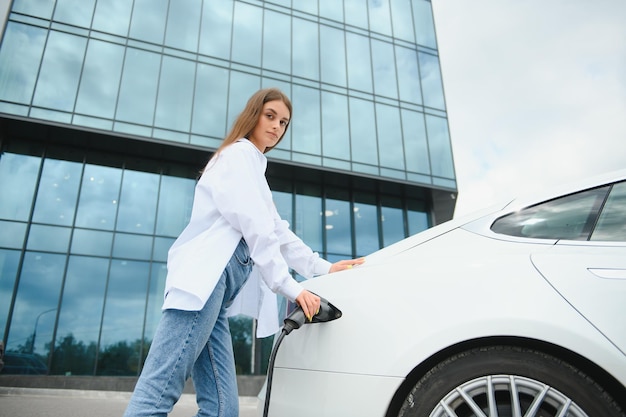 Smiling young caucasian woman plugging electricity cable in electric vehicle for charging on sunny mall parking cropped Lifestyle and ecology concept