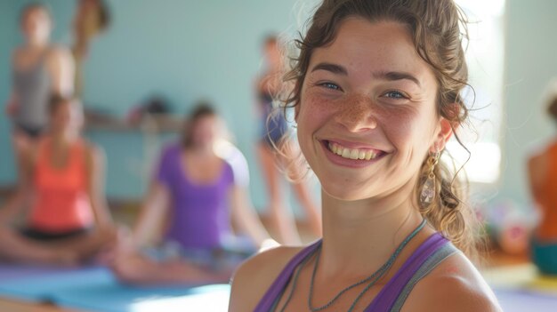 A smiling young Caucasian woman practicing yoga lessons at a modern studio