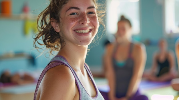 A smiling young Caucasian woman practicing yoga lessons at a modern studio