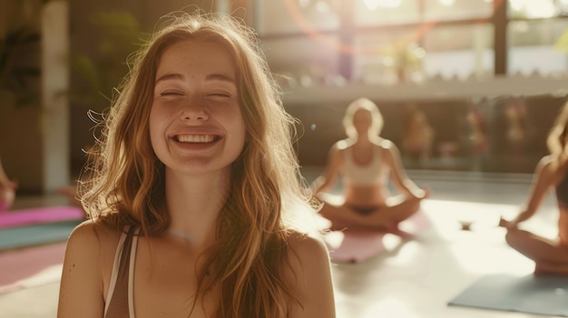 Photo a smiling young caucasian woman practicing yoga lessons at a modern studio