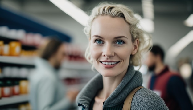 Smiling young caucasian woman at supermarket Generative AI illustration