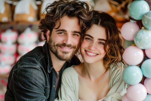 Smiling Young Couple Embracing in Festive Room with Pastel Balloons and Rustic Decor