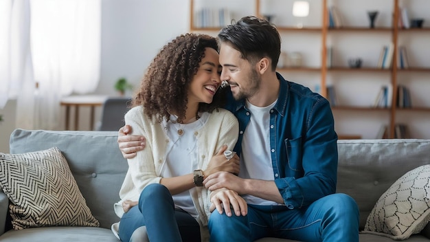 Smiling young couple loving each other near the sofa