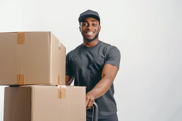 Smiling young delivery man moving boxes with dolly isolated on white background