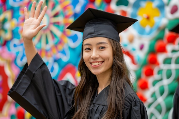 Smiling Young Female Graduate in Cap and Gown Waving Hand with Colorful Celebration Background