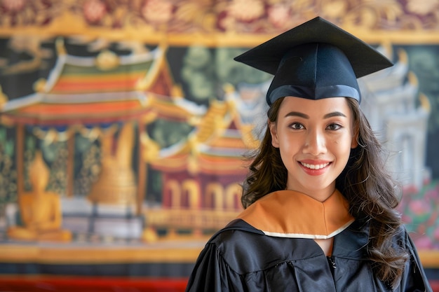 Smiling Young Female Graduate in Cap and Gown with Traditional Architecture Background Celebrating