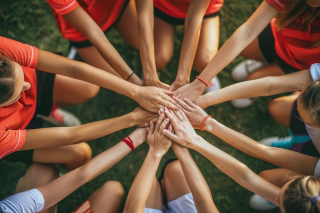 Smiling young female soccer players joining hands in unity on the field during sunset