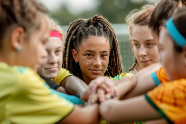 Smiling young female soccer players joining hands in unity on the field during sunset